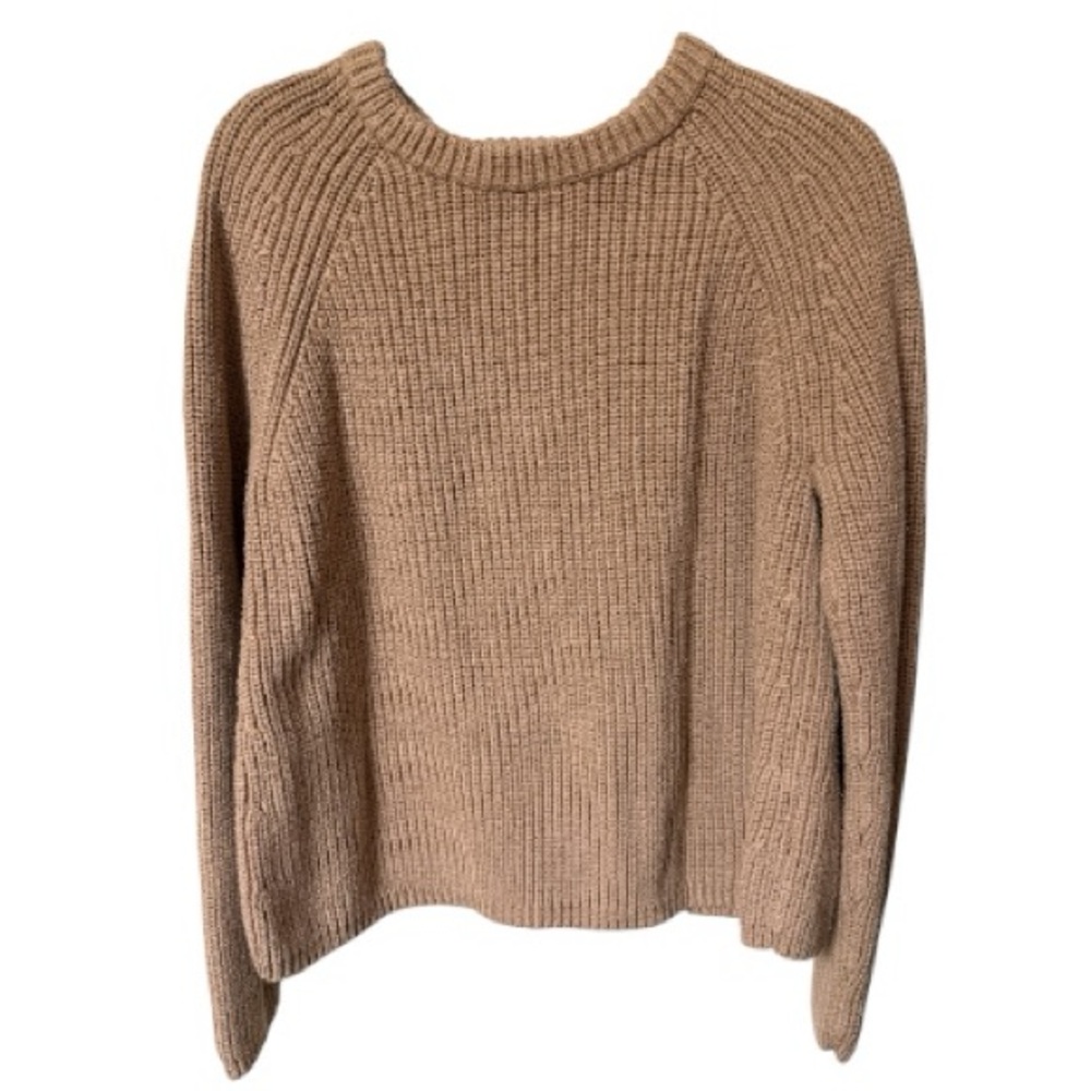 Quince 100% Organic Cotton Fisherman Ribbed Knit Camel/Tan Crewneck Sweater L